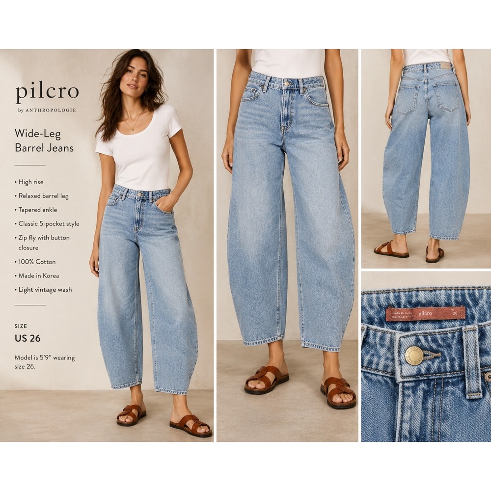 Pilcro Anthropologie Womens 26 Wide Leg Barrel Jeans High Rise Light Wash Crop - Picture 1 of 16